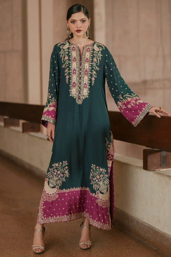 Embroidered Kaftaan Charmeuse Silk 3 Piece Unstitched Suit
