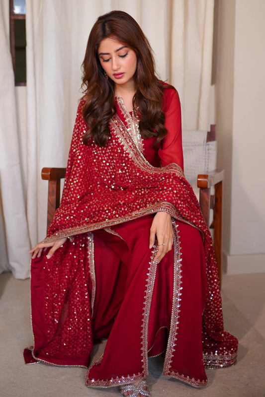 Red Embroidered Chiffon Wedding Dress