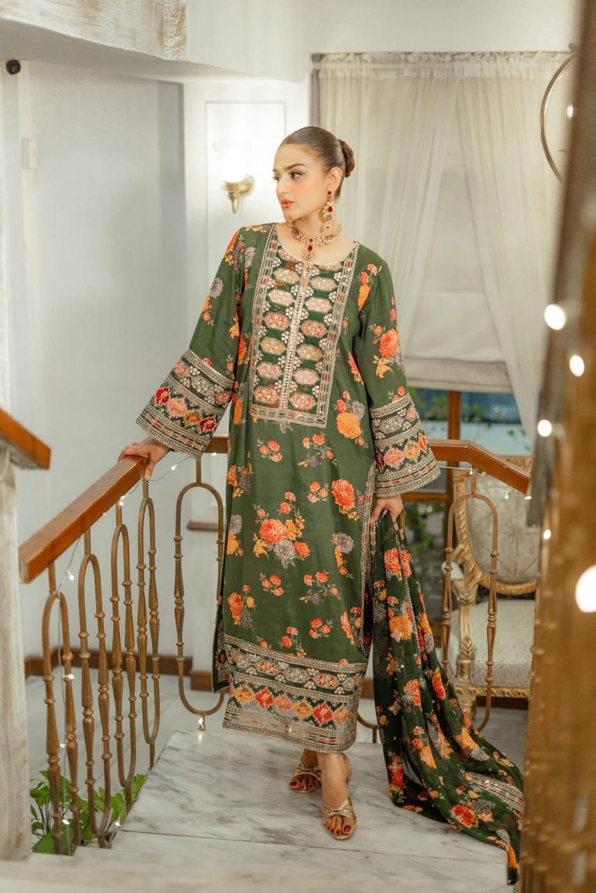 Green Embroidered Luxury Lawn Unstitched 3 Piece Dress- ANL