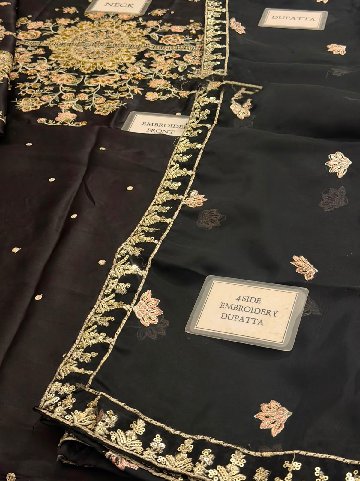 Black Kaftan Shamoz Silk 3 Piece Unstitched Dress - Party Wear