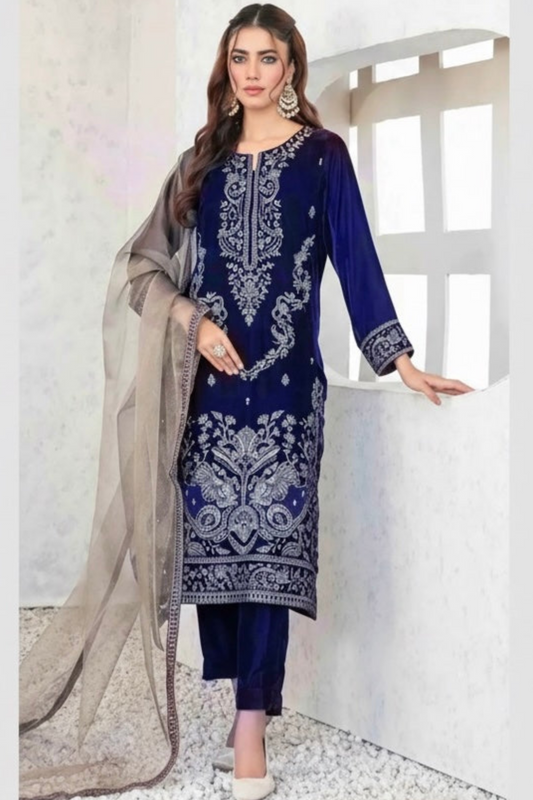 Blue Luxury Velvet Dress Embroidered 3 Piece Unstitched