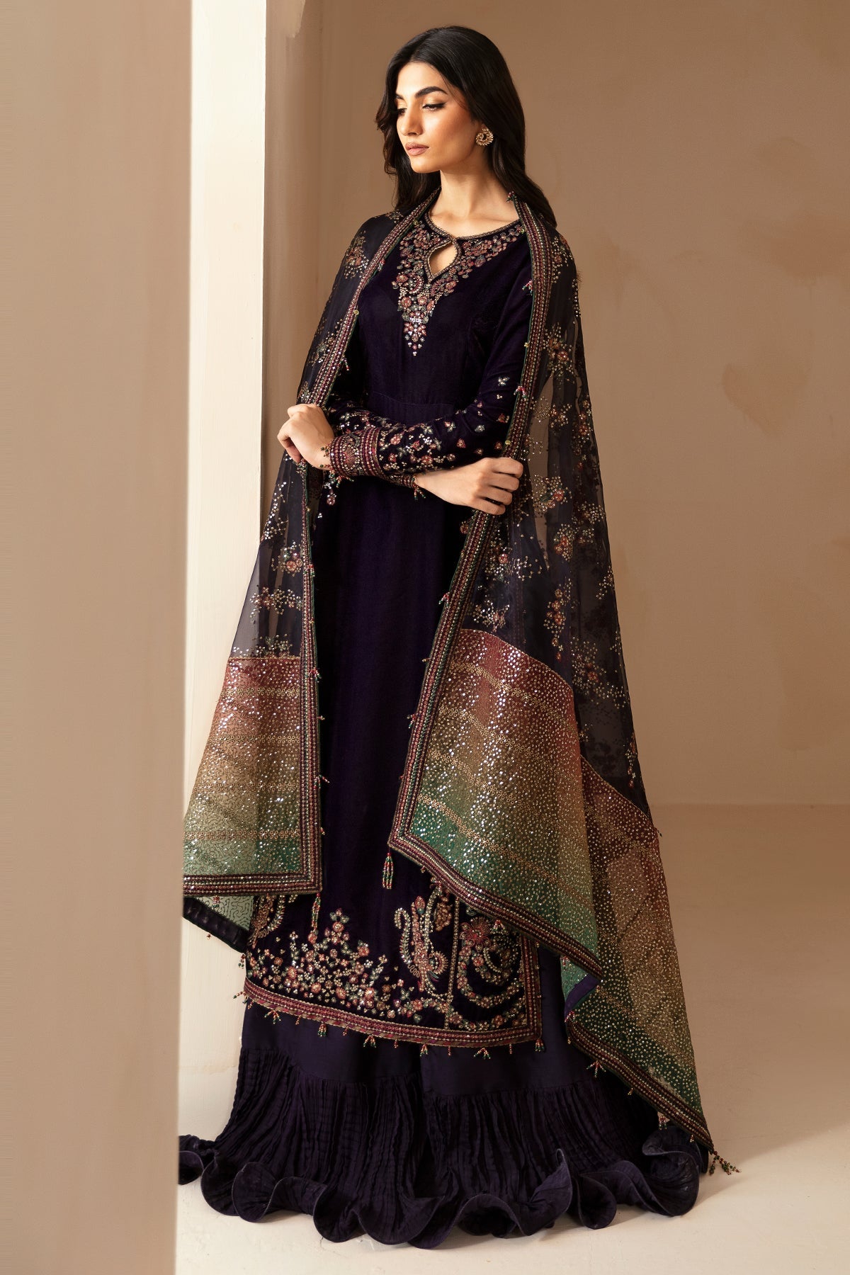 Plum & Multi shaded Velvet Unstitched 3 Piece Dress - Party Wear