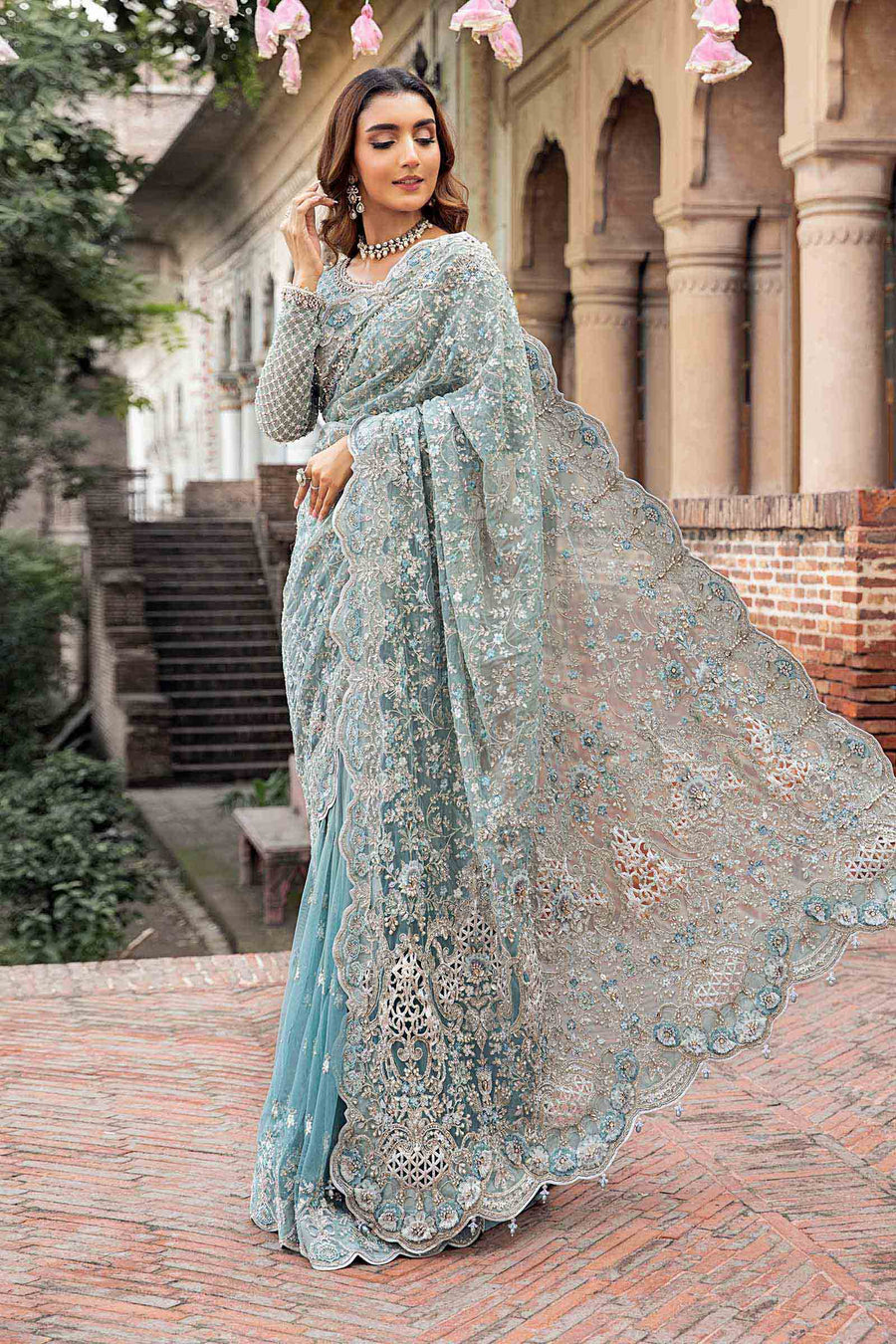 Sky Blue Embroidered Unstitched Soft Net Saree - Party Wear