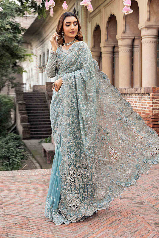 Sky Blue Embroidered Unstitched Soft Net Saree - Party Wear