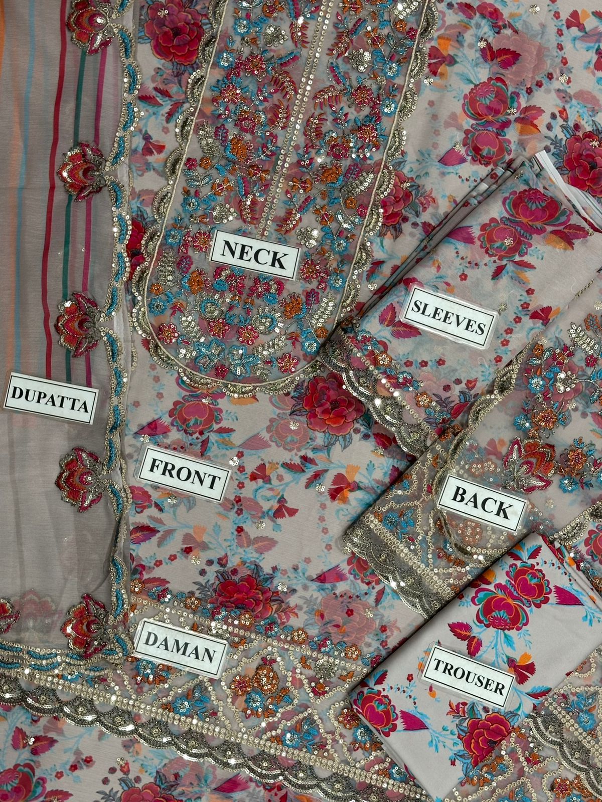 Embroidered Multi Floral Luxury Chiffon 3 Piece Unstitched Dress CHZ-Party Wear