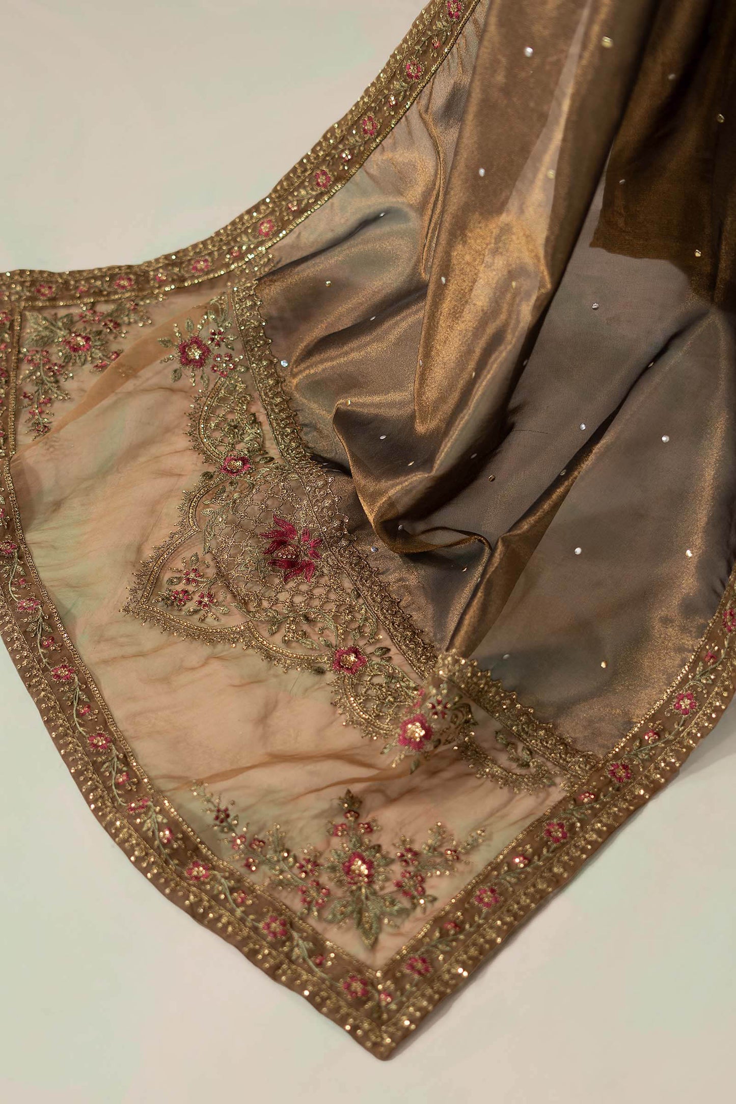 Tambaku Brown Embroidered Shesha Silk Unstitched 3Pc Suit WF-09-04