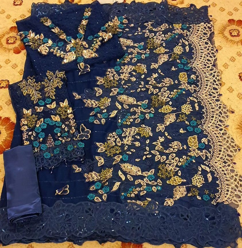 Luxury Blue Chiffon Embroidered Unstitched Saree -Party Wear