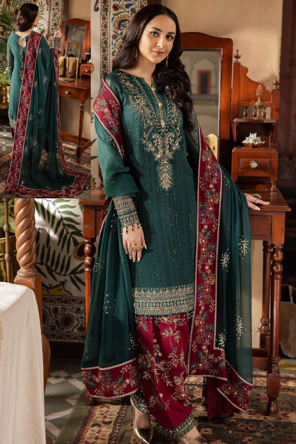 Luxury Green Chiffon Embroidered Unstitched Dress - Party Wear - NL-74