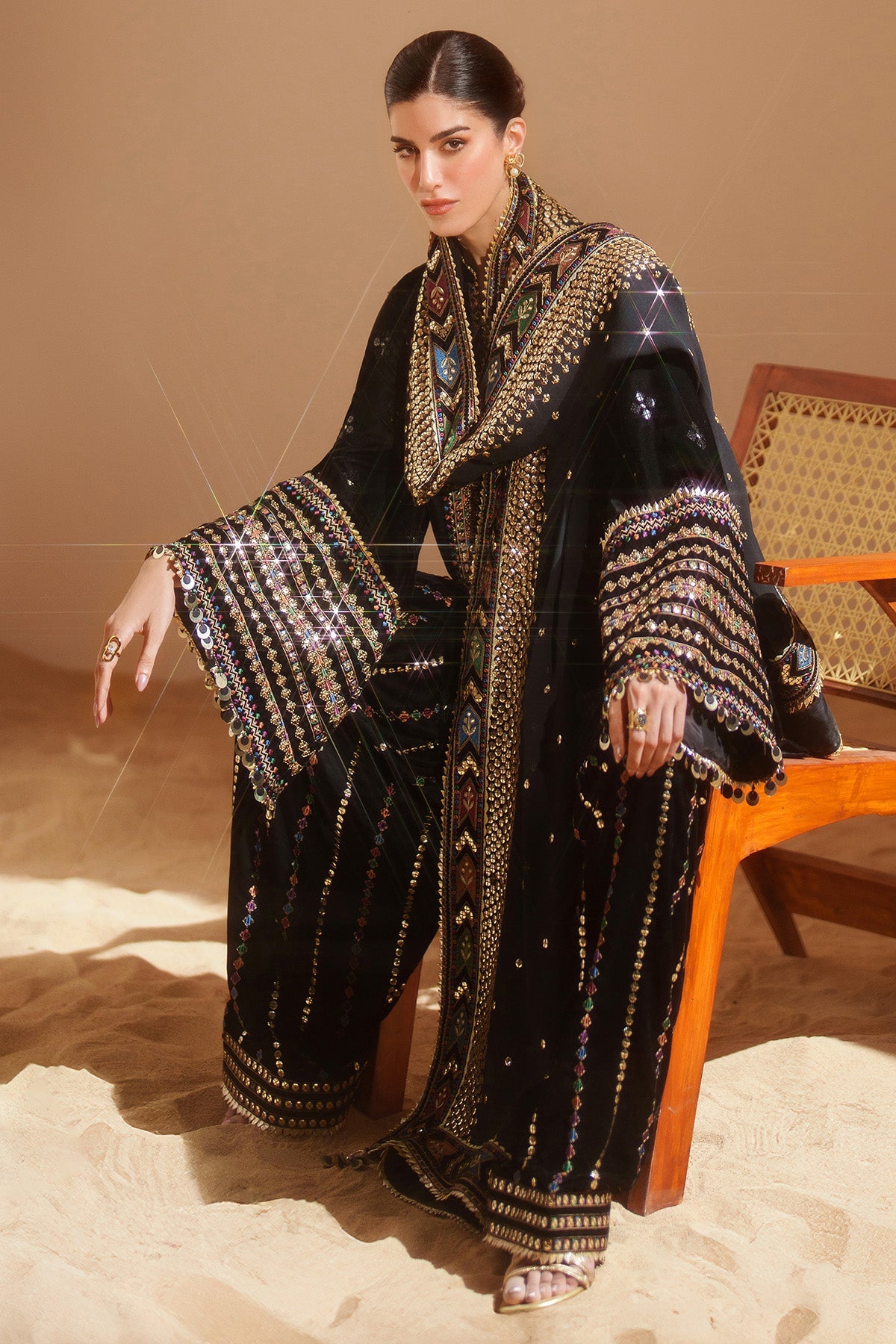 Velvet Embroidered Unstitched 3 Piece Suit -BLACK-Party Wear