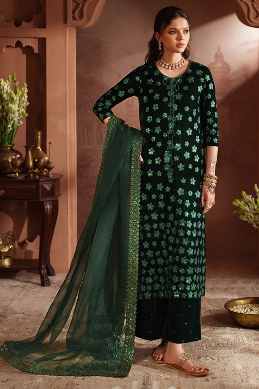 Green Velvet Embroidered Unstitched 3 Piece Dress