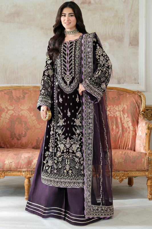 Dark Purple Luxury Velvet Suit 3 Piece Unstitched - ANL