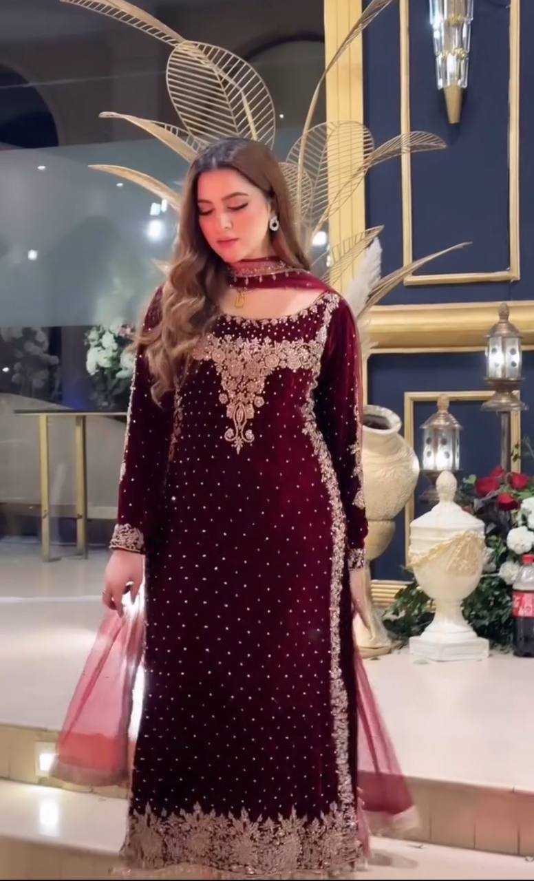 Mehroon Luxury Velvet Suit 3 Piece Unstitched - ANL