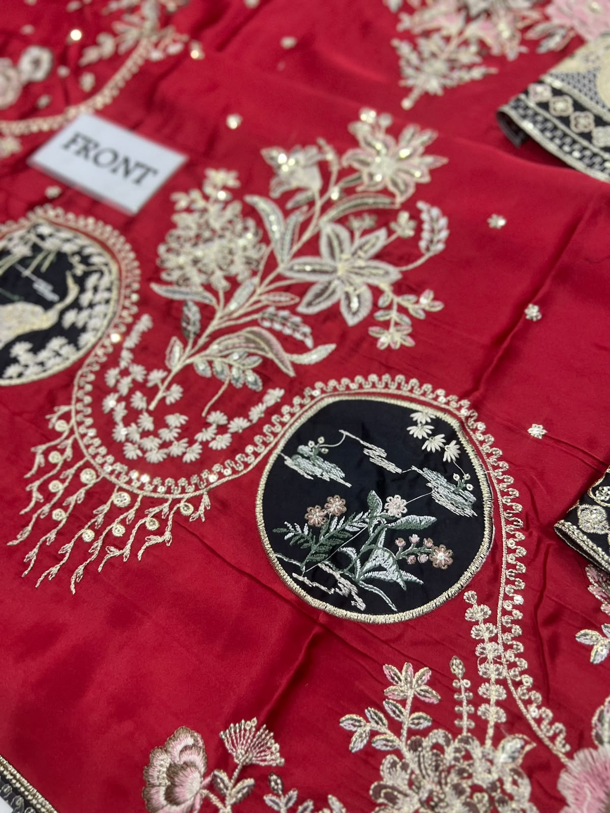 Red Kaftaan Charmeuse Silk 3 Piece Unstitched Suit EK-E1149/104/418 - Party Wear
