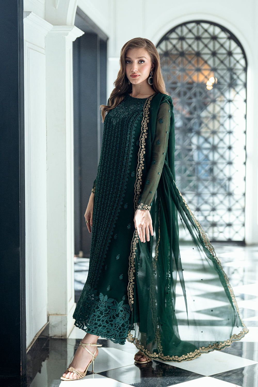 Embroidered Dark Green Luxury Chiffon Dress