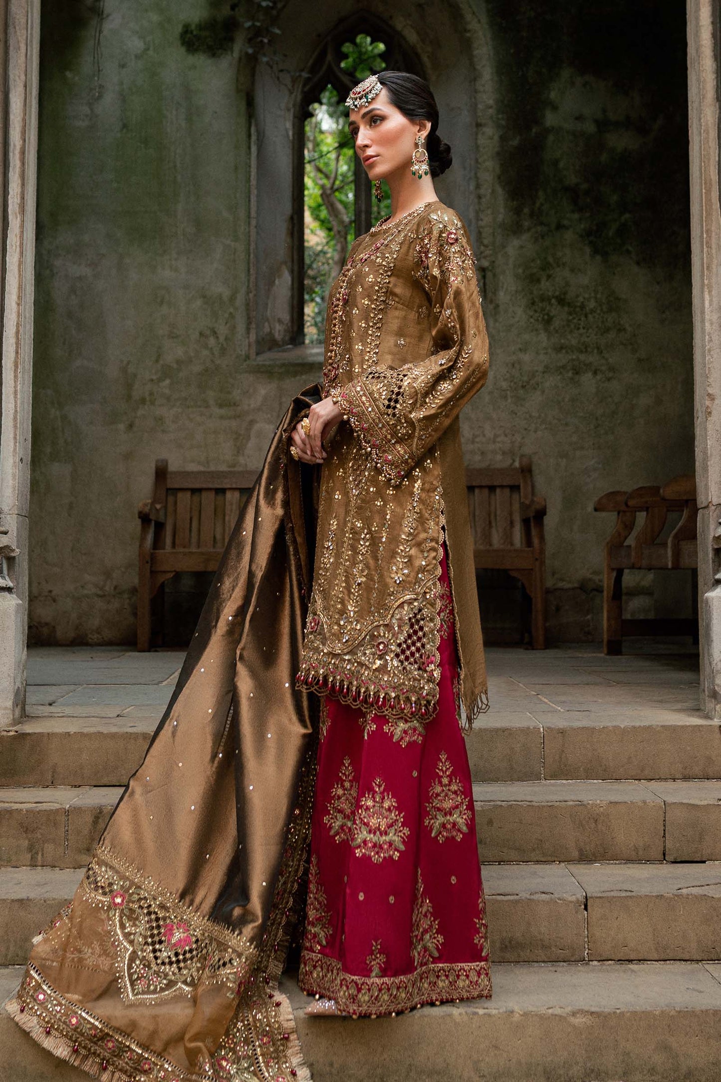 Tambaku Brown Embroidered Shesha Silk Unstitched 3Pc Suit WF-09-04