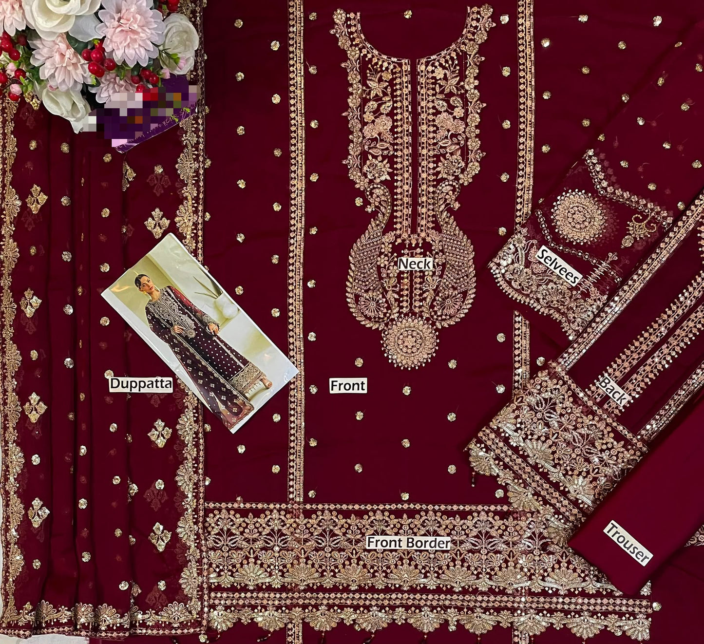 Mehroon Chiffon Embroidered 3 Piece Unstitched Suit - Party Wear