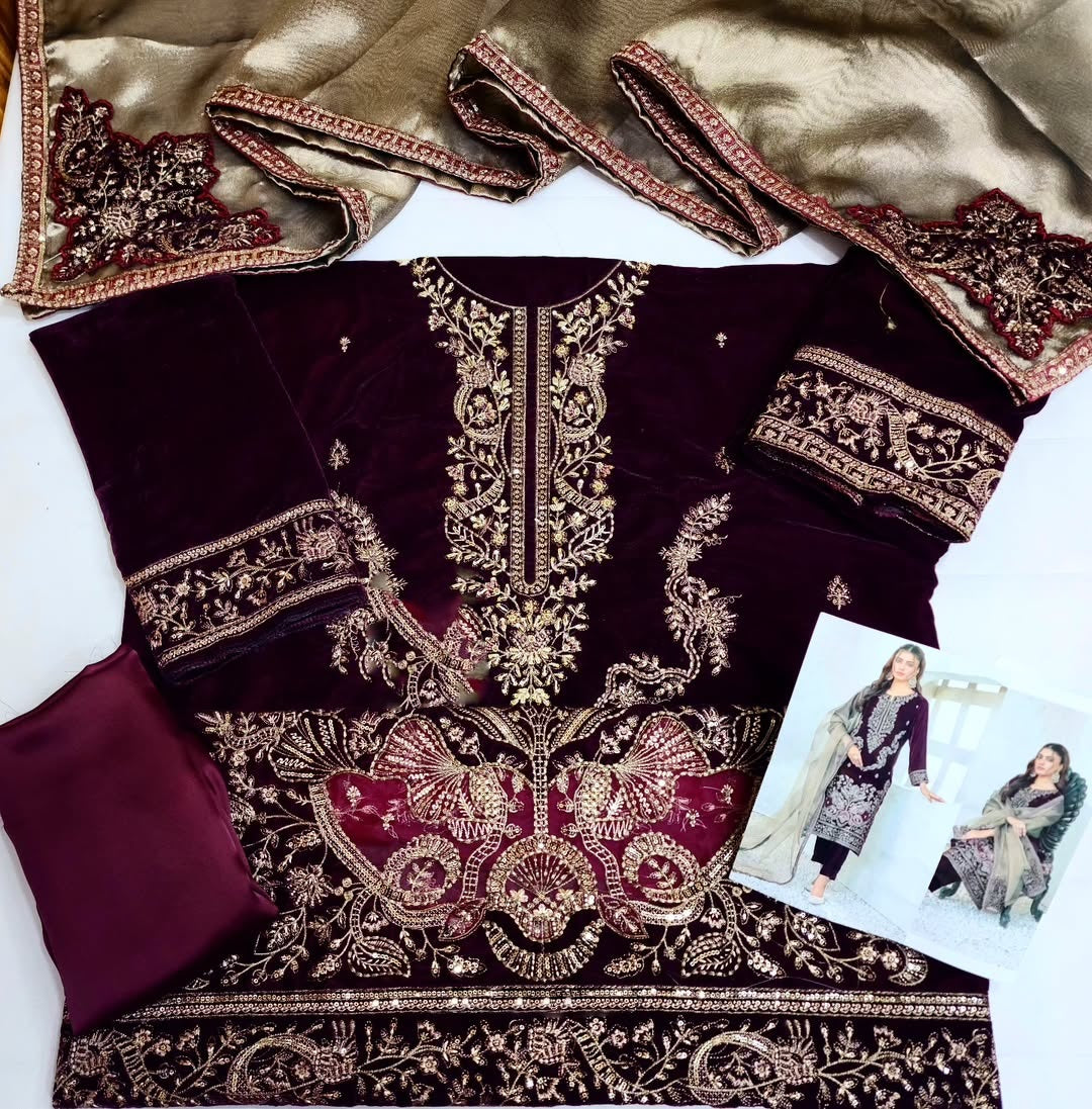 Maroon Luxury Velvet Dress Embroidered 3 Piece Unstitched