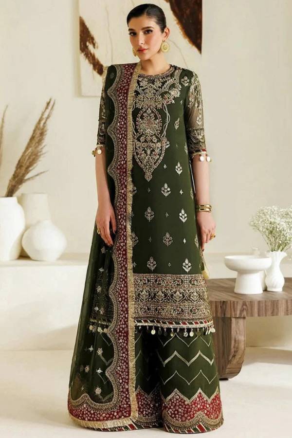 Green Chiffon Embroidered 3 Piece Unstitched Suit - Party Wear
