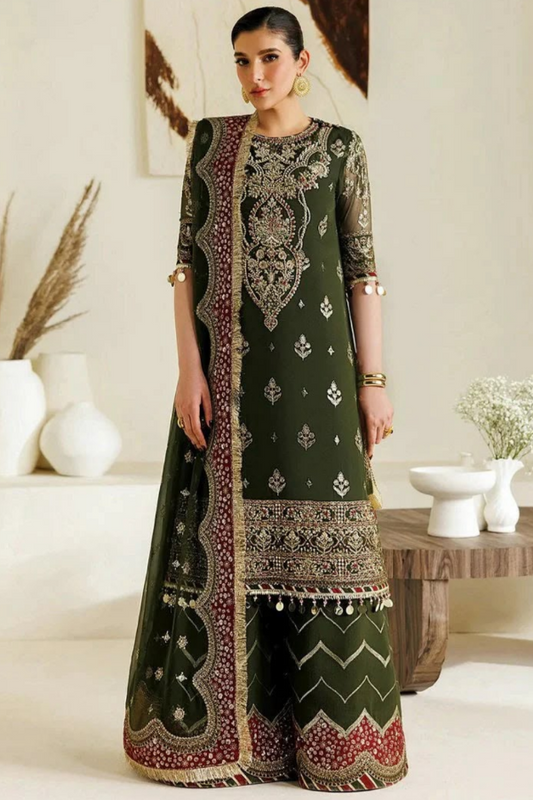 Green Chiffon Embroidered 3 Piece Unstitched Suit - Party Wear