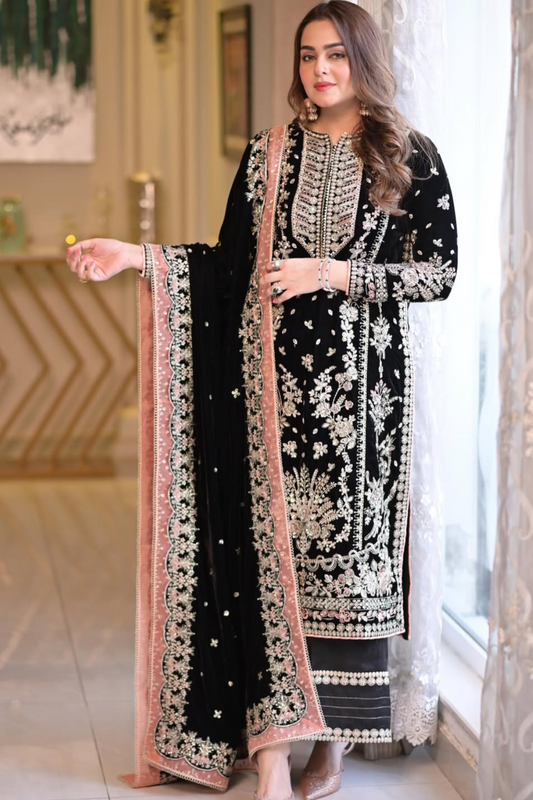 Black Luxury Velvet Suit 3 Piece Unstitched - ANL