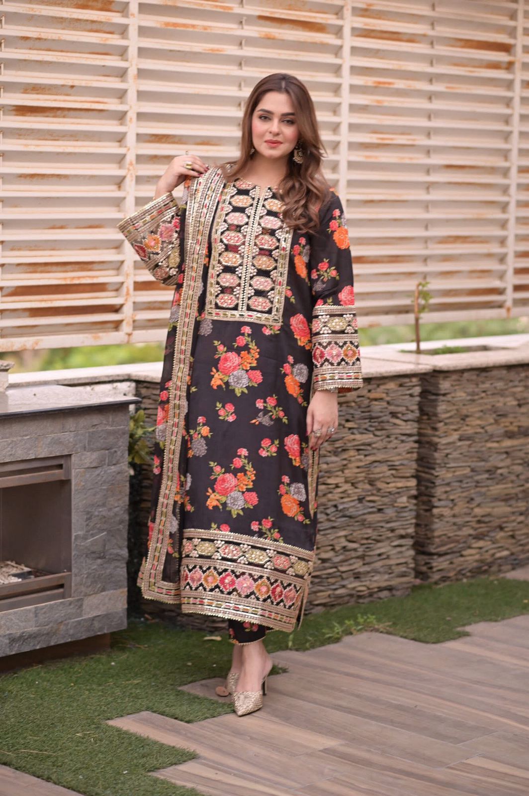 Black Embroidered Luxury Lawn Unstitched 3 Piece Dress- ANL