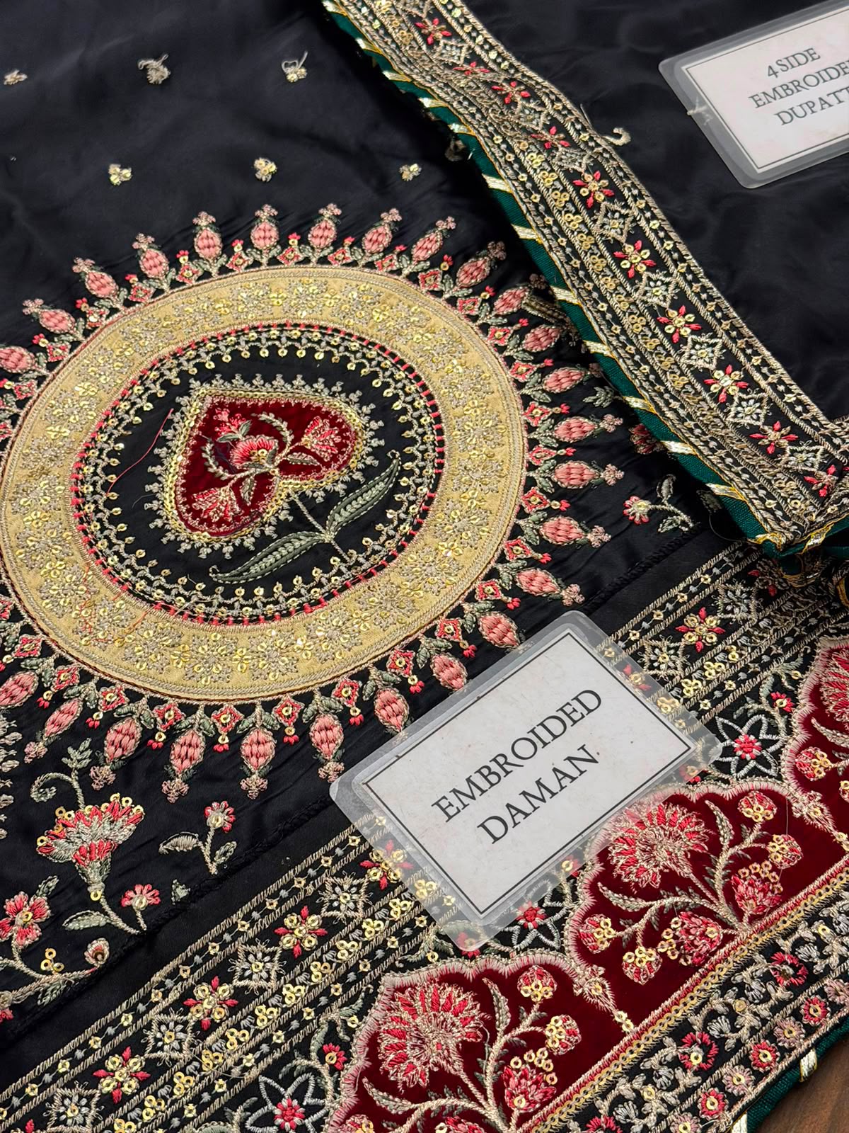 Black Kaftan Shamoz Silk 3 Piece Unstitched Dress - Party Wear