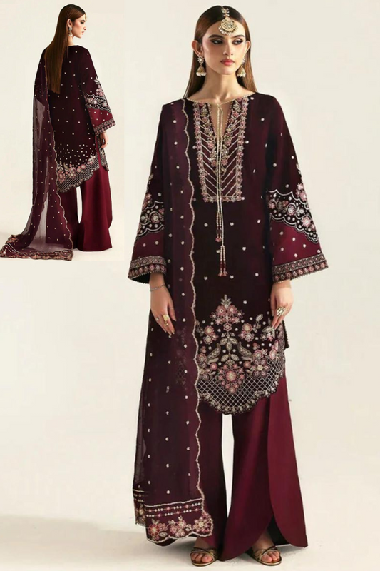 Mehroon Velvet Embroidered Unstitched 3 Piece Suit EAV