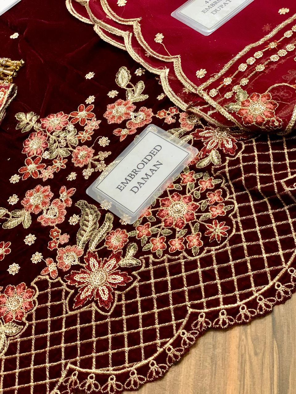 Mehroon Velvet Embroidered Unstitched 3 Piece Suit EAV