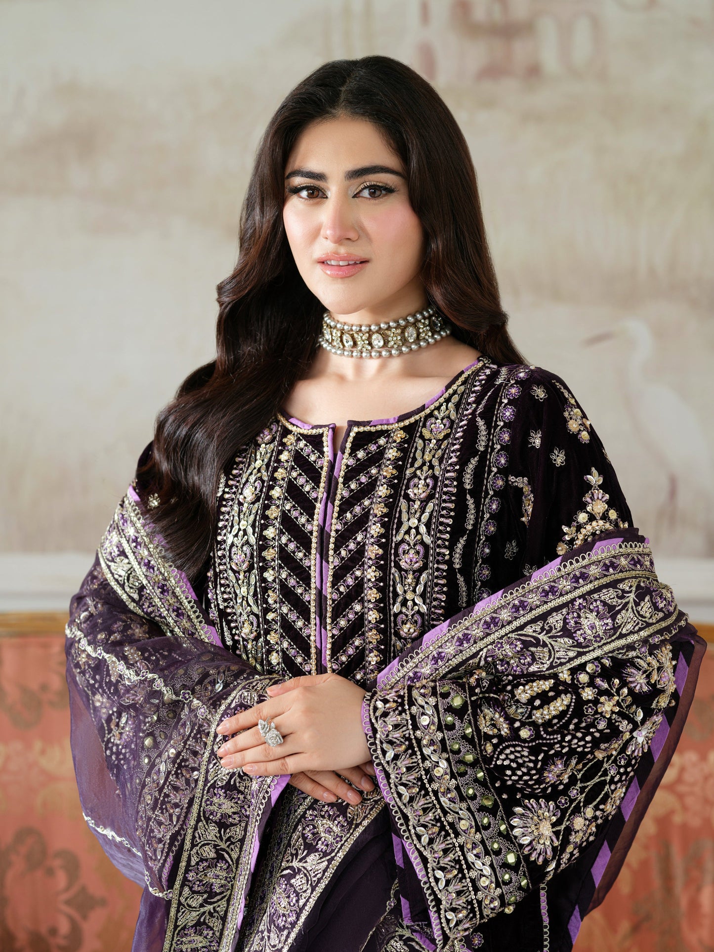 Dark Purple Luxury Velvet Suit 3 Piece Unstitched - ANL