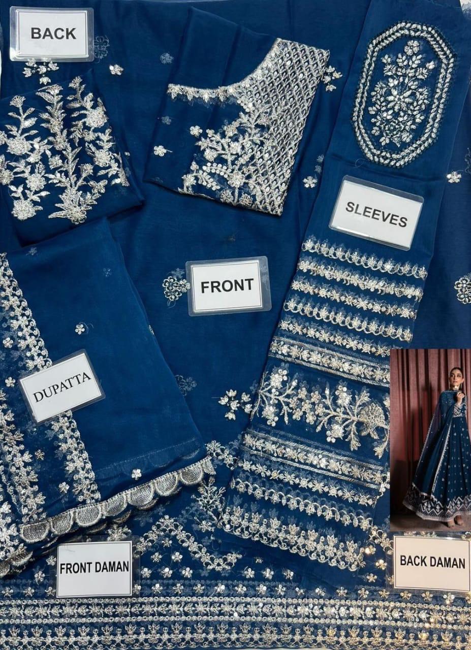 Blue Maxi Chiffon Unstitched 3 Piece - Party Wear