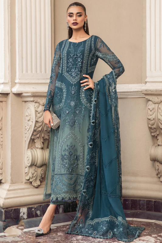 Teal Blue Chiffon Embroidered 3 Piece Unstitched Dress -Party Wear