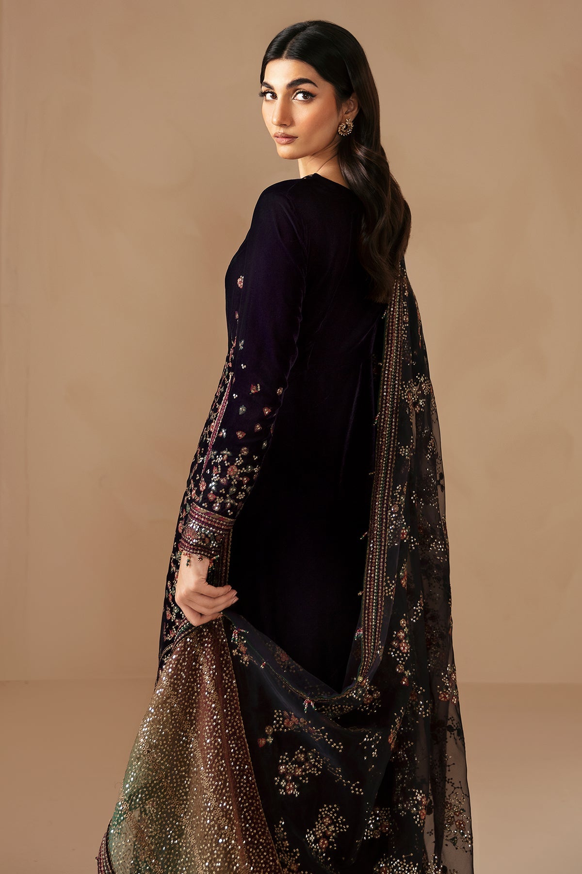 Plum & Multi shaded Velvet Unstitched 3 Piece Dress - Party Wear