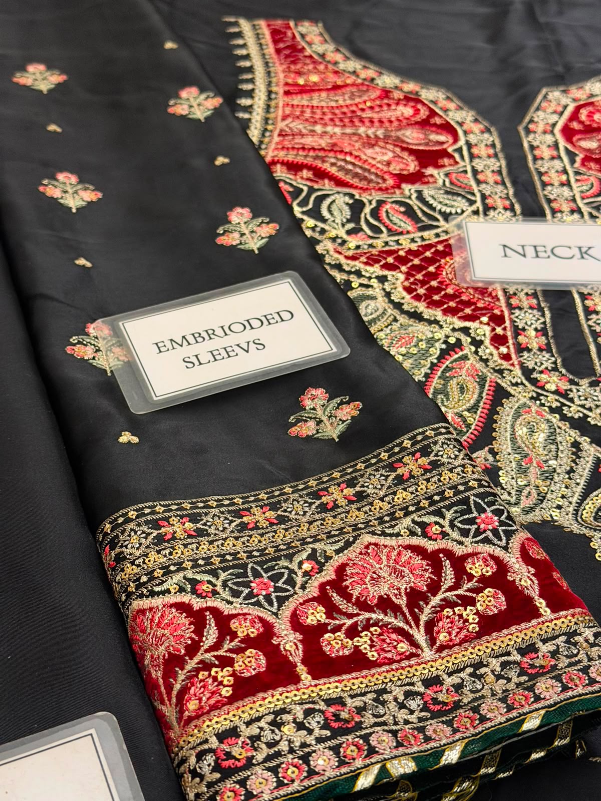 Black Kaftan Shamoz Silk 3 Piece Unstitched Dress - Party Wear