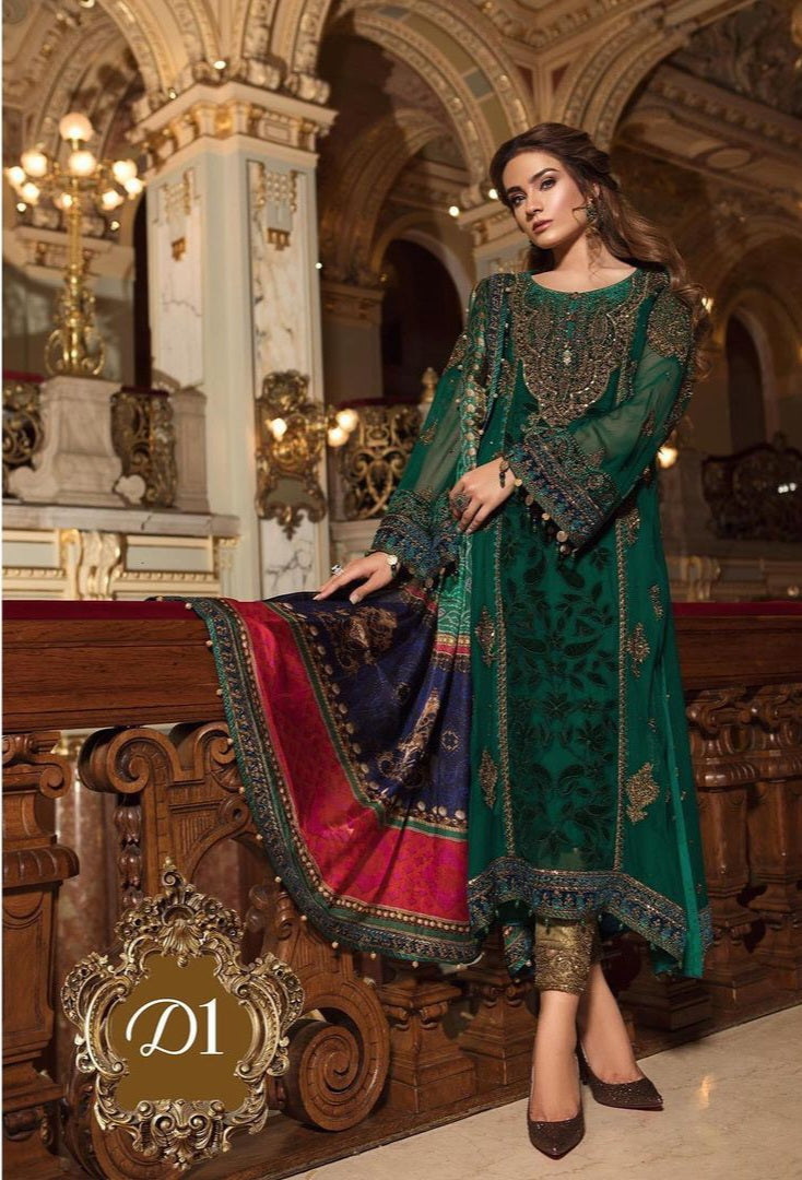 Green Heavy Embroidered Unstitched 3 Piece Chiffon Suit Bridal Party Wear