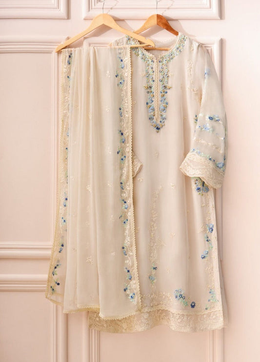 White Embroidered Unstitched 3 Piece Chiffon Suit - Party Wear