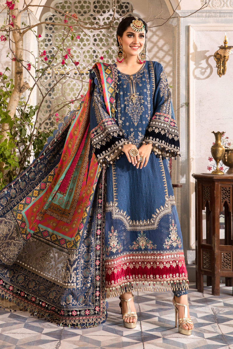 Blue Embroidered Unstitched 3 Piece Chiffon Suit - Party Wear