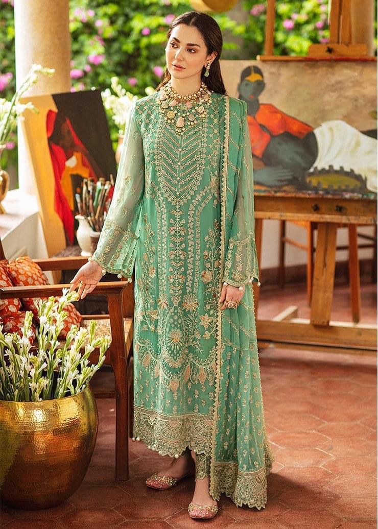 Sea Green Chiffon Embroidered Unstitched 3 Piece Suit - Party Wear