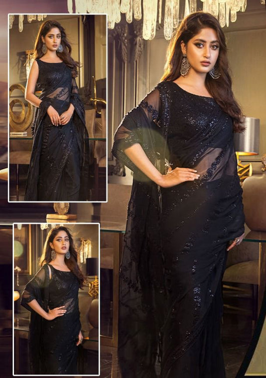 Black Embroidered Unstitched Chiffon Saree - Party Wear