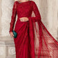 Red Embroidered Unstitched Soft Net Saree - Party Wear