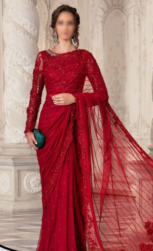 Red Embroidered Unstitched Net Saree - Party Wear