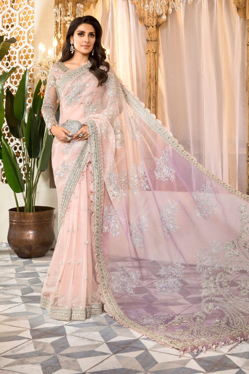 Net Heavy Embroidered Double Shaded Wedding Wear Saree - Unstitched