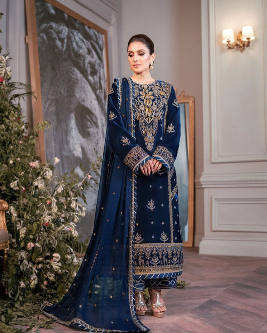 Navy Blue Embroidered Unstitched 3 Piece Velvet Wedding Dress