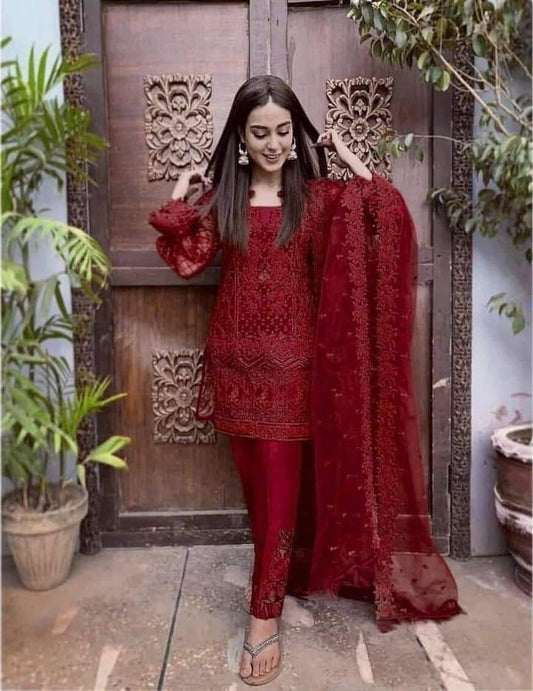 Net Fully Heavy Embroidered Unstitched 3 Piece Suit - Party Wear