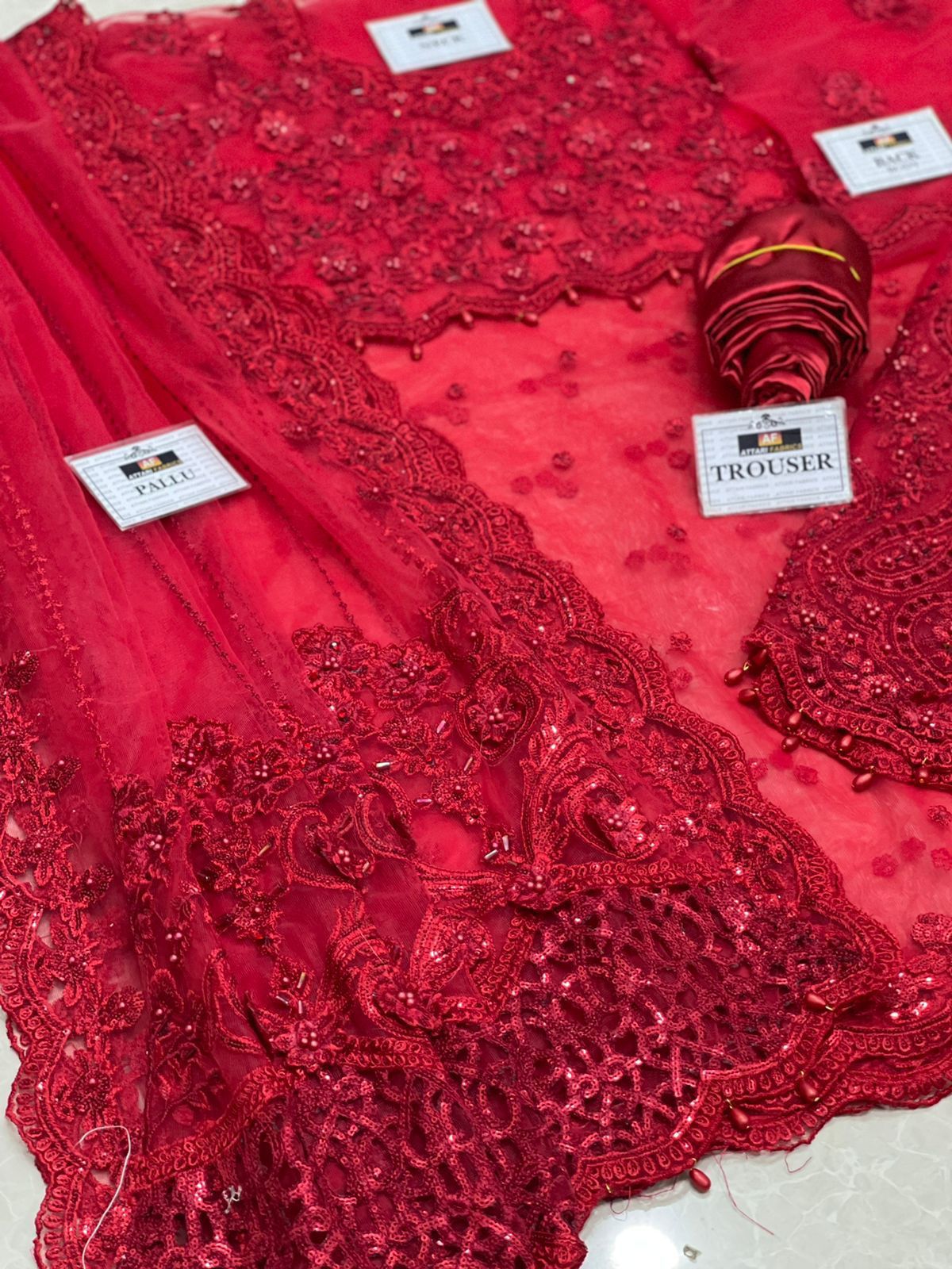 Red Embroidered Unstitched Net Saree - Party Wear