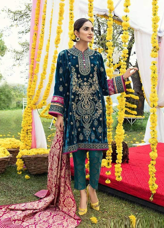 Heavy Embroidered Velvet Party Wear Dress with Jamawar Trouser