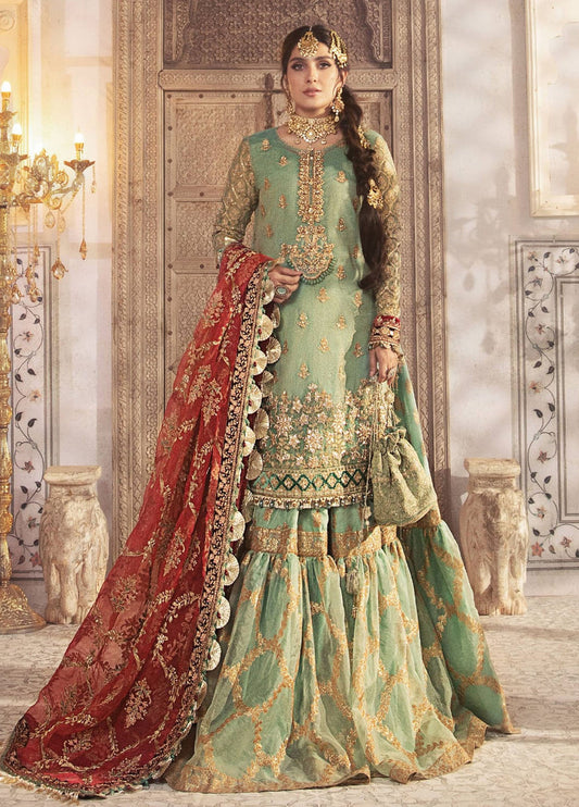 Sea green Embroidered Unstitched 3 Piece Organza Lehenga + Mahsoori - Party Wear