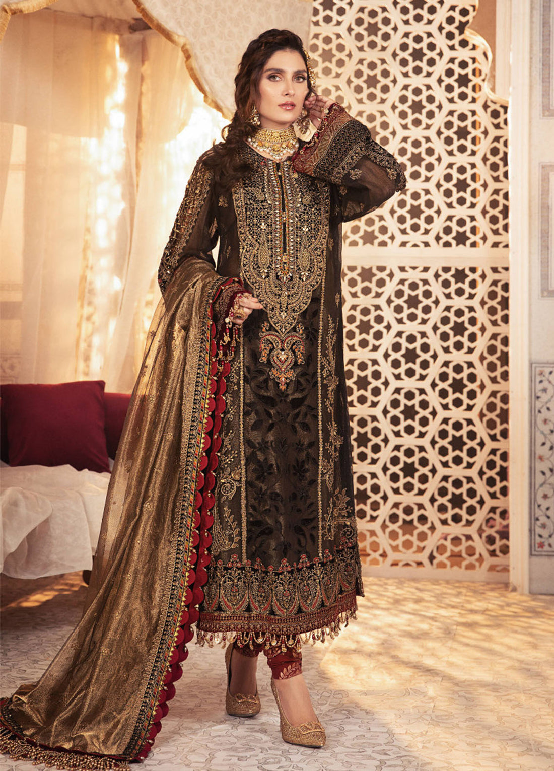 Black and Burnt Gold Embroidered Unstitched 3 Piece Organza Suit Party Wear