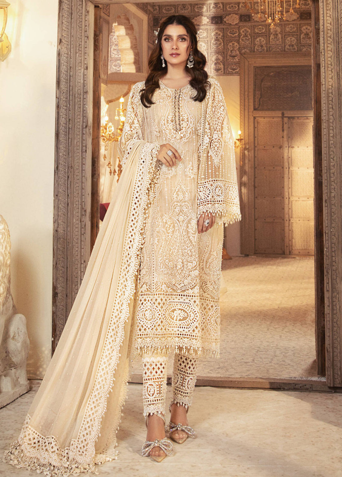 Pearl White Embroidered Unstitched 3 Piece Organza Suit -Party Wear