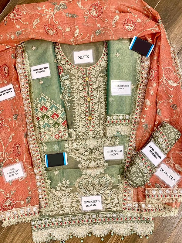 Pistachio Green Heavy Embroidered Unstitched 3 Piece Lehenga - Party Wear